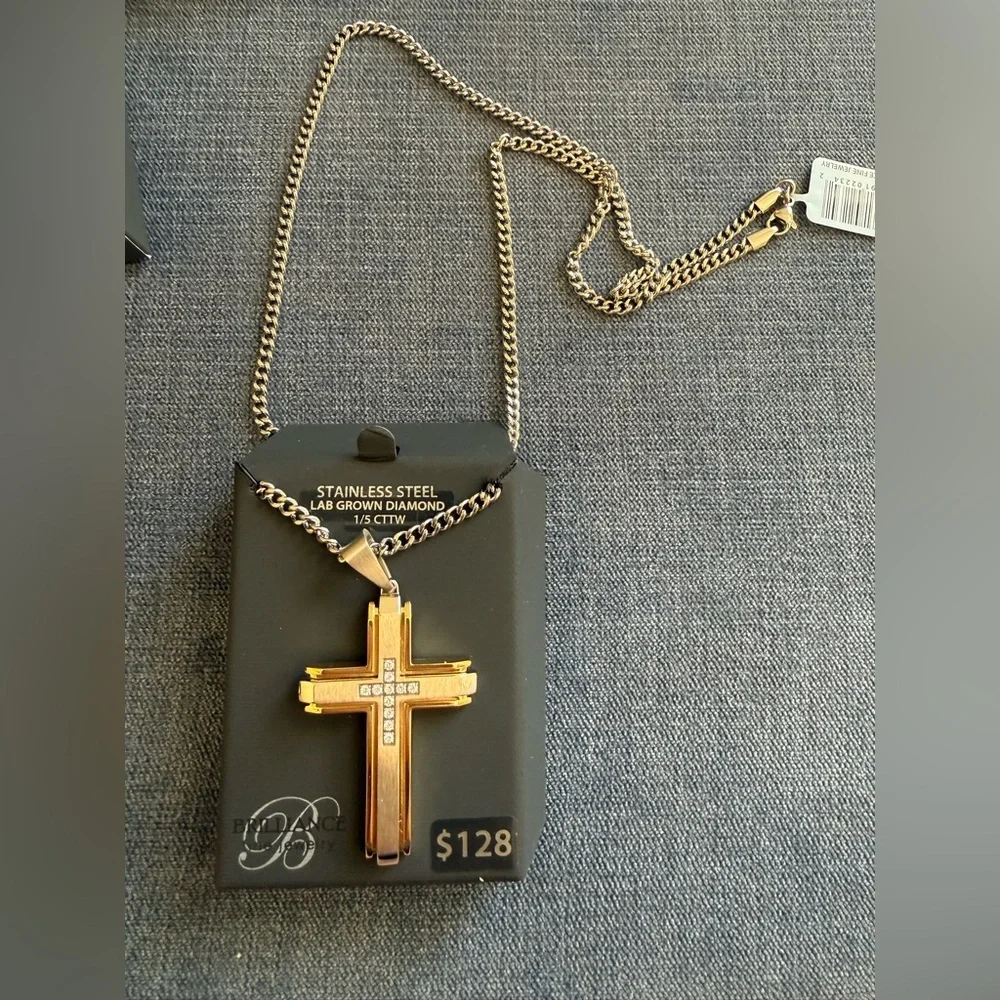 Brilliance Men’s Two Toned Stainless Steel Cross Pendant Necklace 24in Chain New